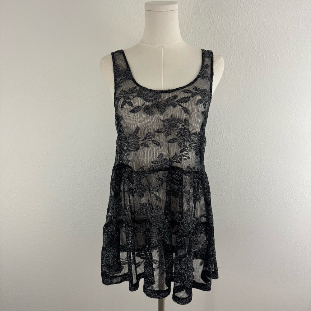 LOVE 2 BE LOVED Y2K Black Silver Floral Edgy Sheer Mesh Tunic Peplum Tank Top